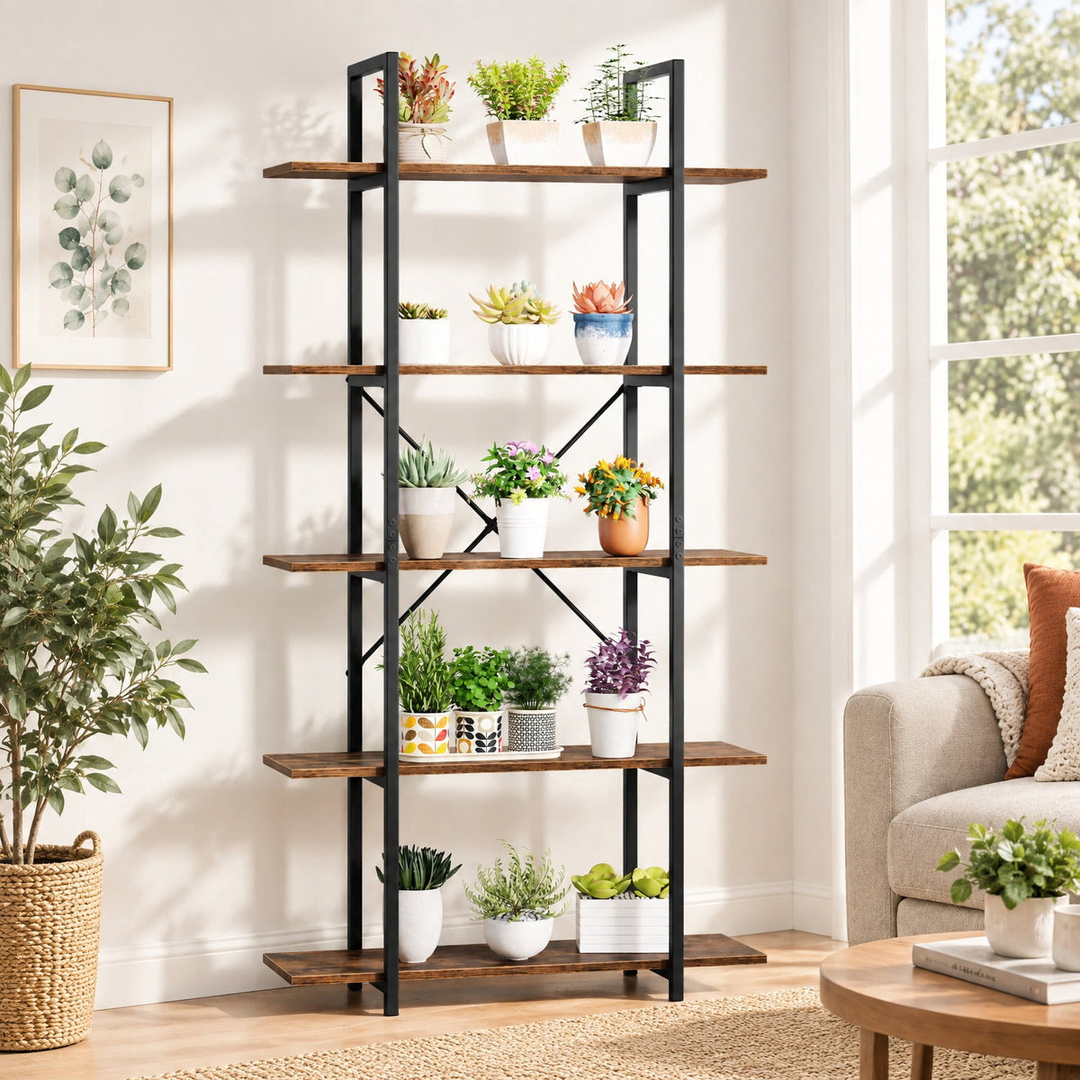 Airfind 5-Tier 62 Inch Tall Vintage Industrial Bookcase with Open Storage Shelves, 220 lbs Capacity, Engineered Wood Metal Frame, Brown