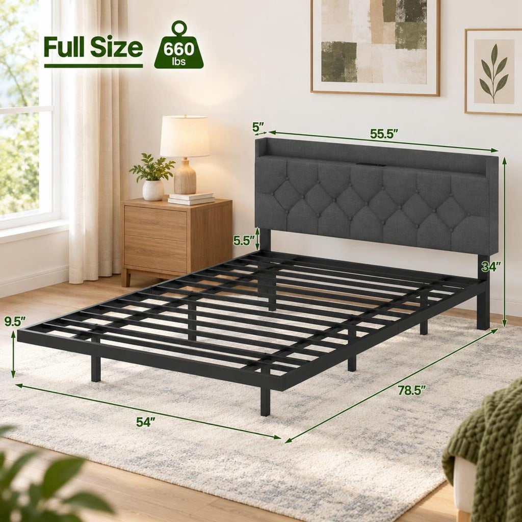 Airfind Full/Queen Size Floating Bed Frame with LED and Headboard and Charging Station, 660 lbs Capacity, 78.5 Inch x 55.5 Inch x 34 Inch Bed Platform Footprint
