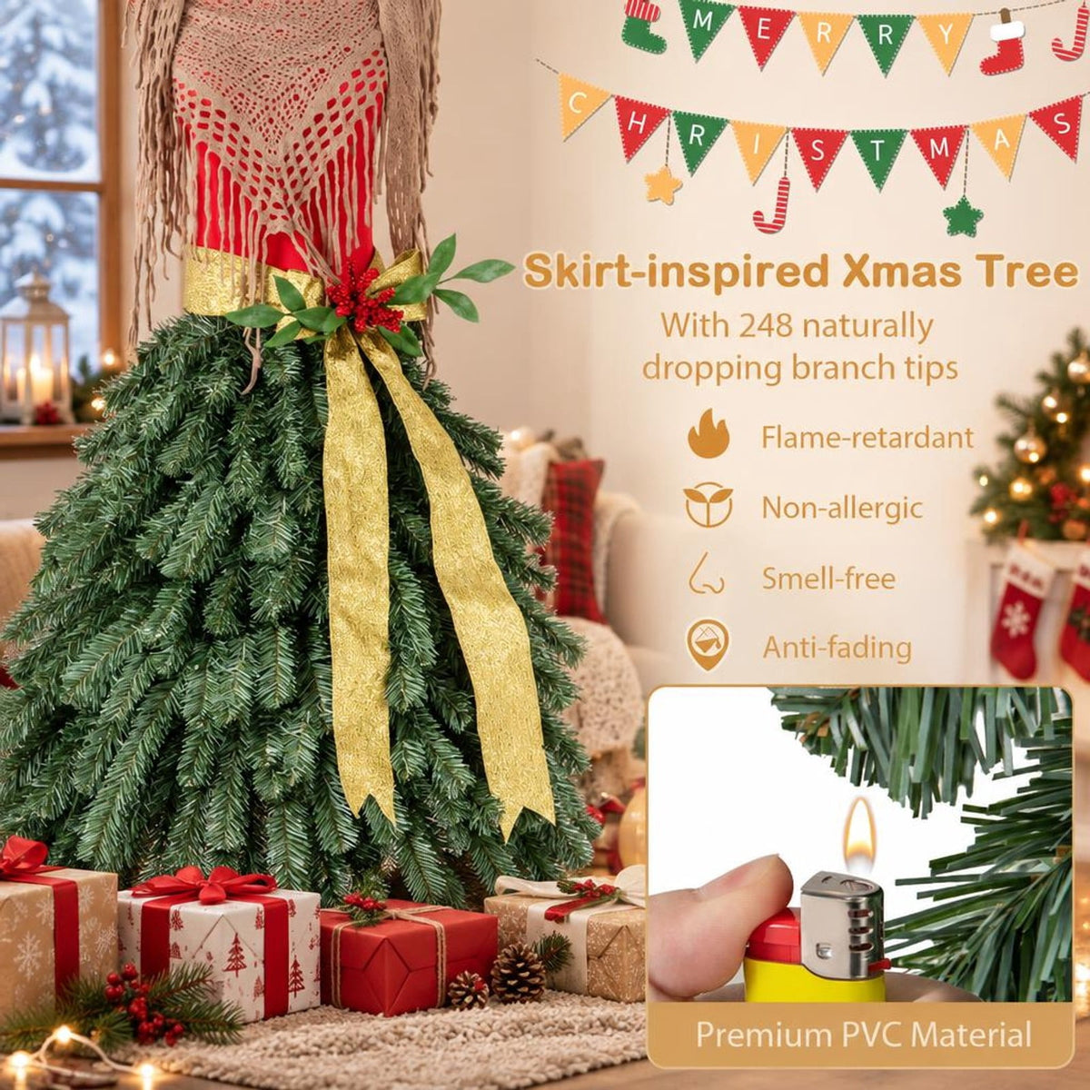 Airfind 5 FT Pre-lit Mannequin Artificial Christmas Tree Dress Form Xmas Tree, PVC Metal Tree Height 5 ft Tree Width 2.7 ft Frame, Green Red
