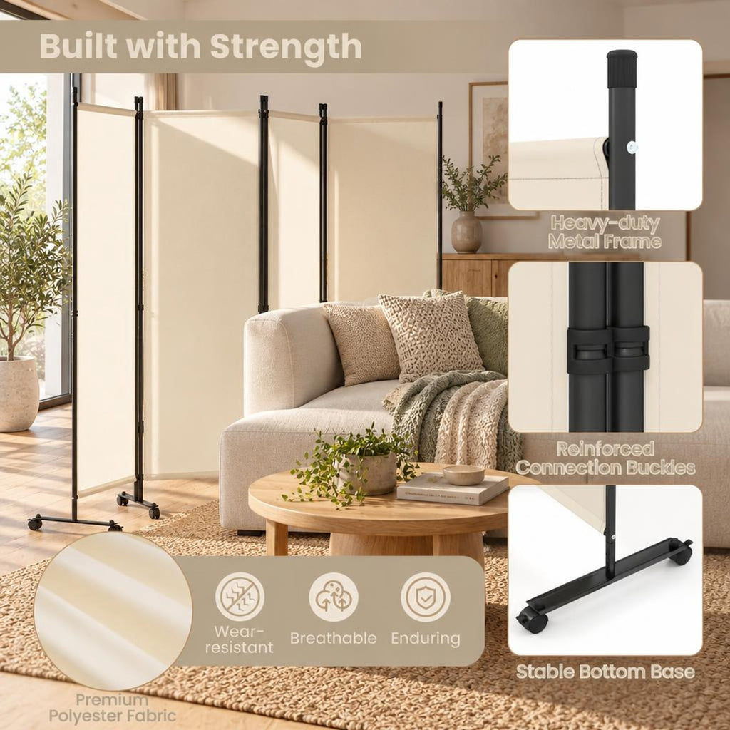 Airfind 4-Panel Room Divider with Lockable Wheels for Living Room, Polyester Fabric Metal Frame, 87in x 14in x 68in Footprint, Beige