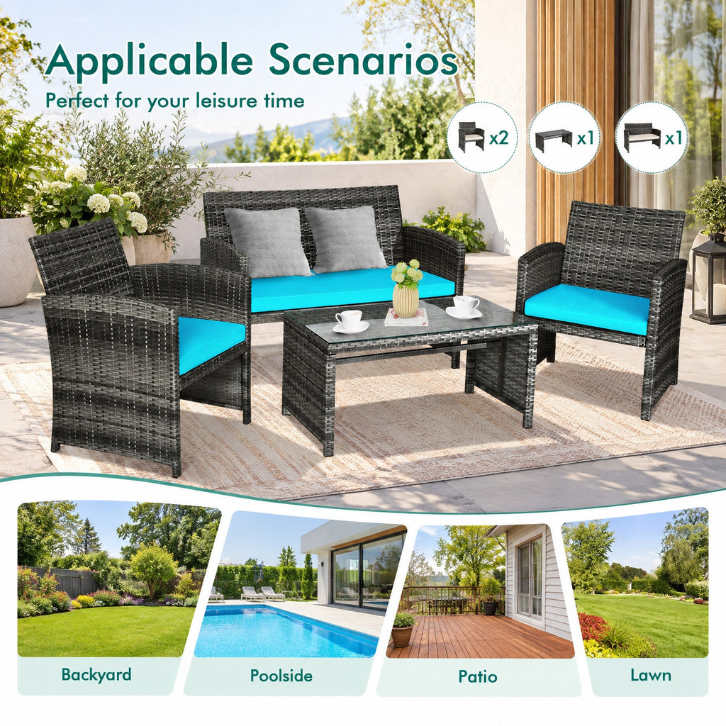 Airfind 4 Pieces Patio Rattan Furniture Set with Cushions, PE Rattan Polyester Fiber Steel Sponge Single Sofa Frame, Turquoise