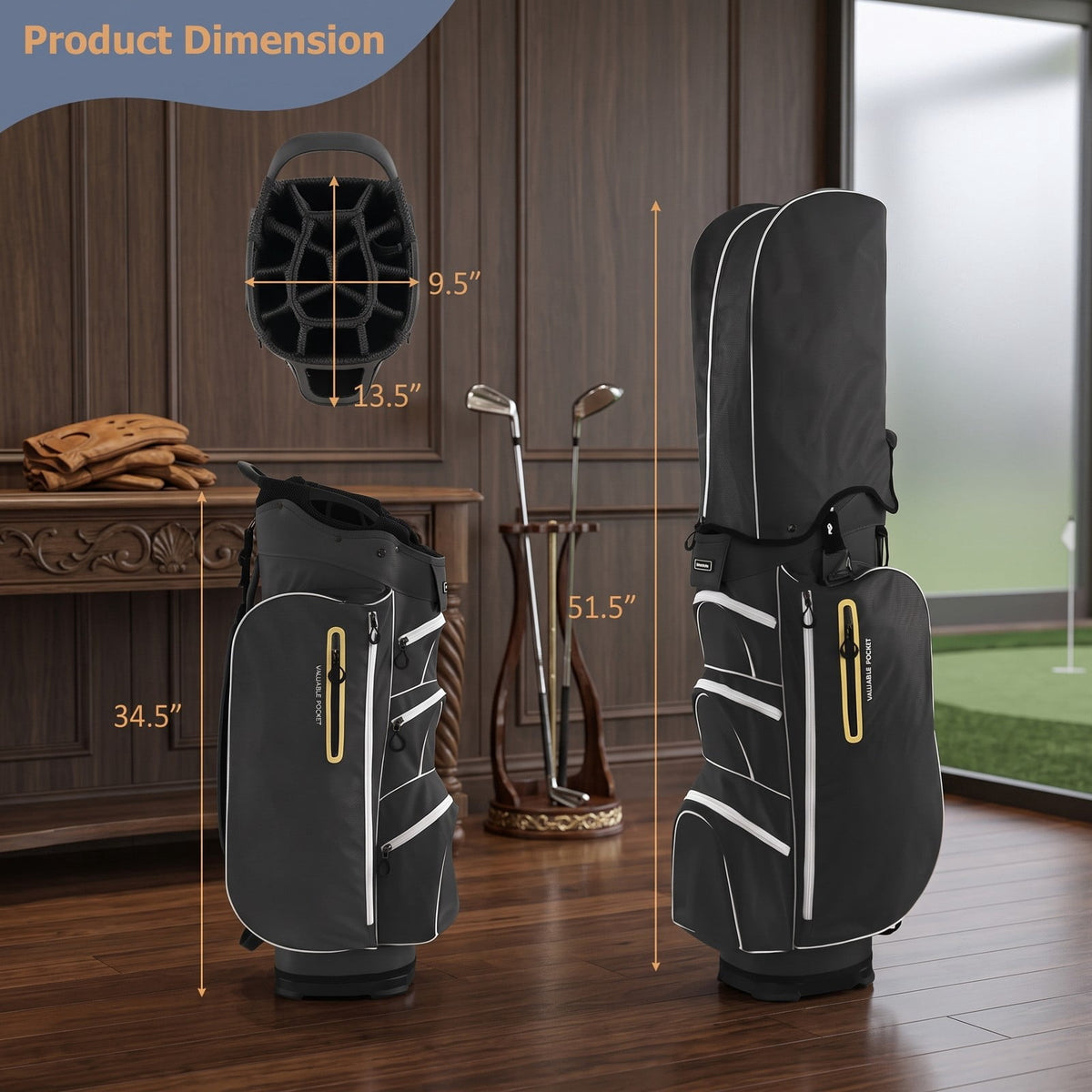 Airfind 9.5 Inch Lightweight Golf Cart Bag with 15 Way Top Dividers, 7 Zipper Pockets, Cooler Bag, Rain Hood, Shoulder Strap for Men Women, Black