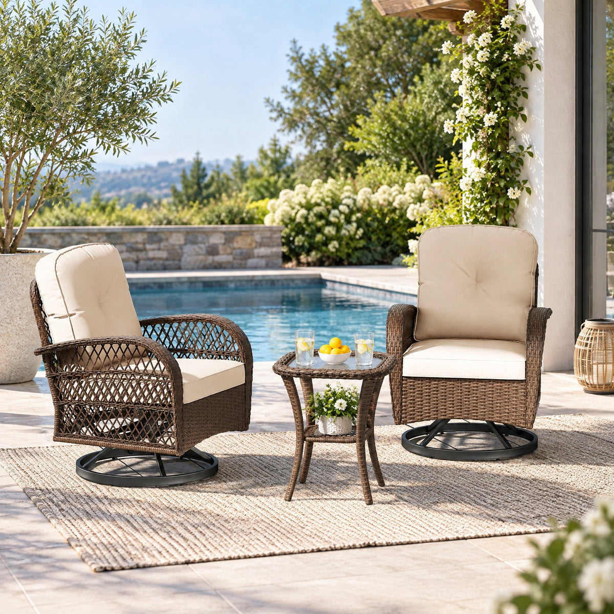 AIRFIND Patio Swivel Rocker Set of 3 with Cushioned Chairs, Tempered Glass Side Table and Metal Frame, 400 lb Chair Capacity, White