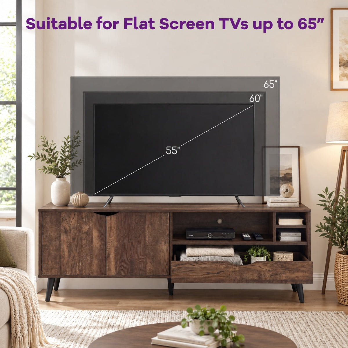 Airfind TV Stand for TVs up to 65 Inches Rustic Entertainment Center, 285 lbs Capacity, Engineered Wood MDF Plastic Frame, Brown