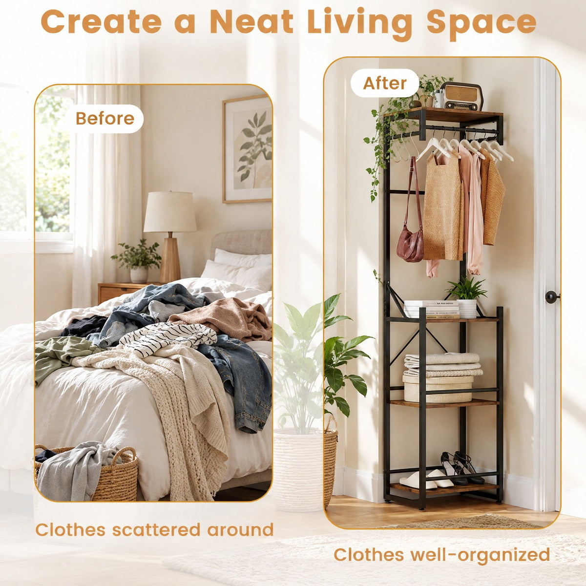 Airfind Freestanding Coat Rack with 4 Storage Shelves and 6 Hooks, 22 lbs Capacity, Metal Engineered Wood, 16 Inch x 12 Inch x 64 Inch , Brown