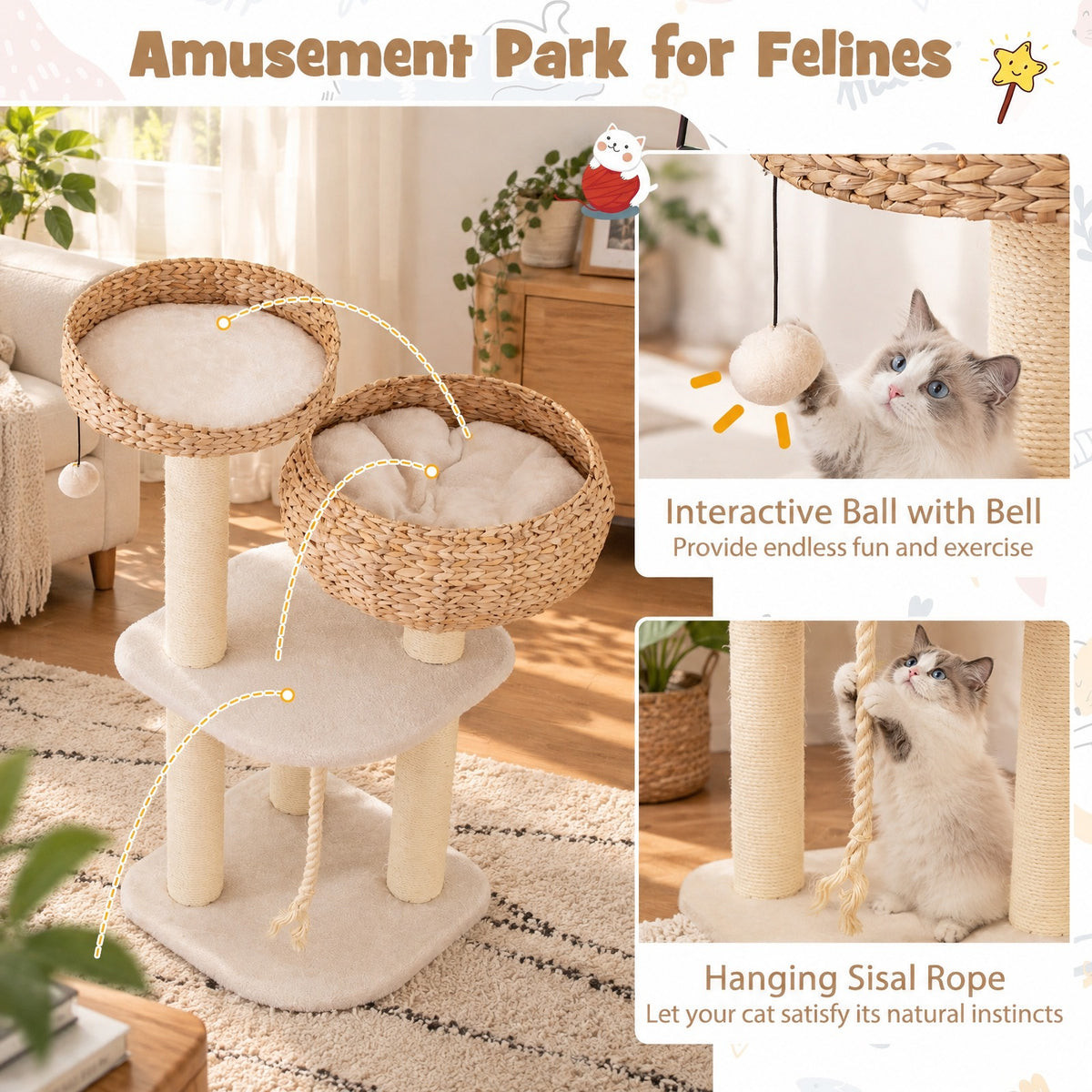 Airfind 41 Inch Rattan Cat Tree with Napping Perch, Water hyacinth straw sisal rope particle board Frame, White