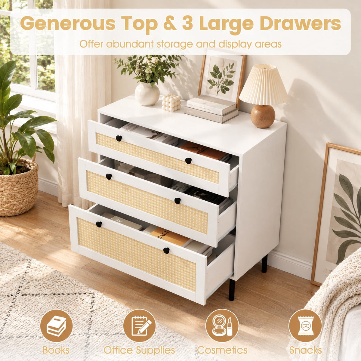 Airfind 3-Drawer Rattan Nightstand Boho Chest of Drawers for Bedroom, 66 lbs Capacity, Engineered Wood MDF Metal Frame, 29.5 x 14 x 31 Footprint