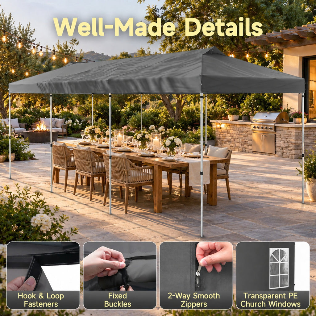 Airfind 10 x 30 FT Pop Up Canopy Tent with 8 Sidewalls and Adjustable Height, PE Metal Fabric Frame, 30 x 10 x 8.5/8.2/7.9 ft Footprint, Black