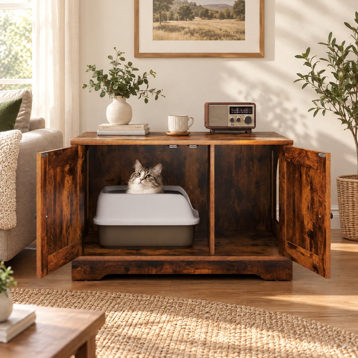 Airfind Cat Litter Box Enclosure Furniture Indoor Wooden Cat House End Side Table Nightstand, Engineered Board MDF Frame, Gray