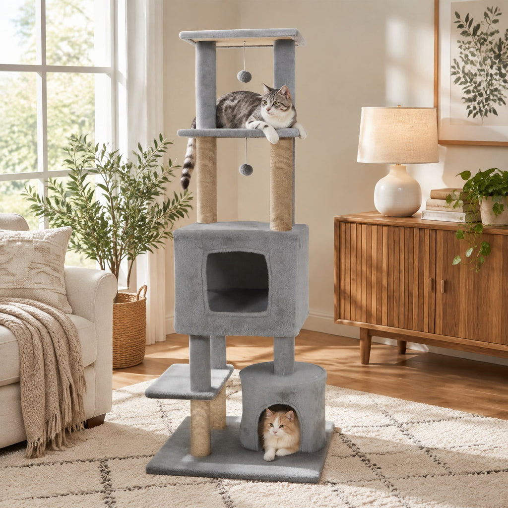 Airfind 64 Inch Tall Cat Tree with 2 Large Condos and Jute Scratching Posts for Indoor Adult Cats, 33 lbs Capacity, Light Grey