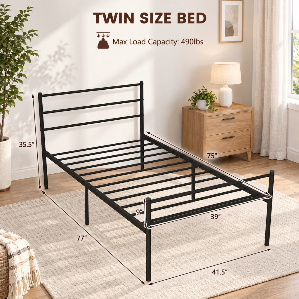 Airfind Twin Size Metal Bed Frame Platform with Headboard, 490 lbs Capacity, Steel Frame, 77.5 x 41 x 35.5 Footprint, Black