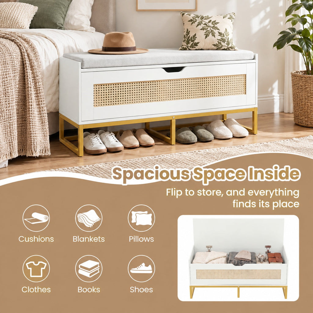 Airfind 39.5in Rattan Storage Chest Wicker Shoe Bench with Padded Seat Flip-Top, 440 lbs Capacity, Engineered Wood PE Rattan Metal Frame, White