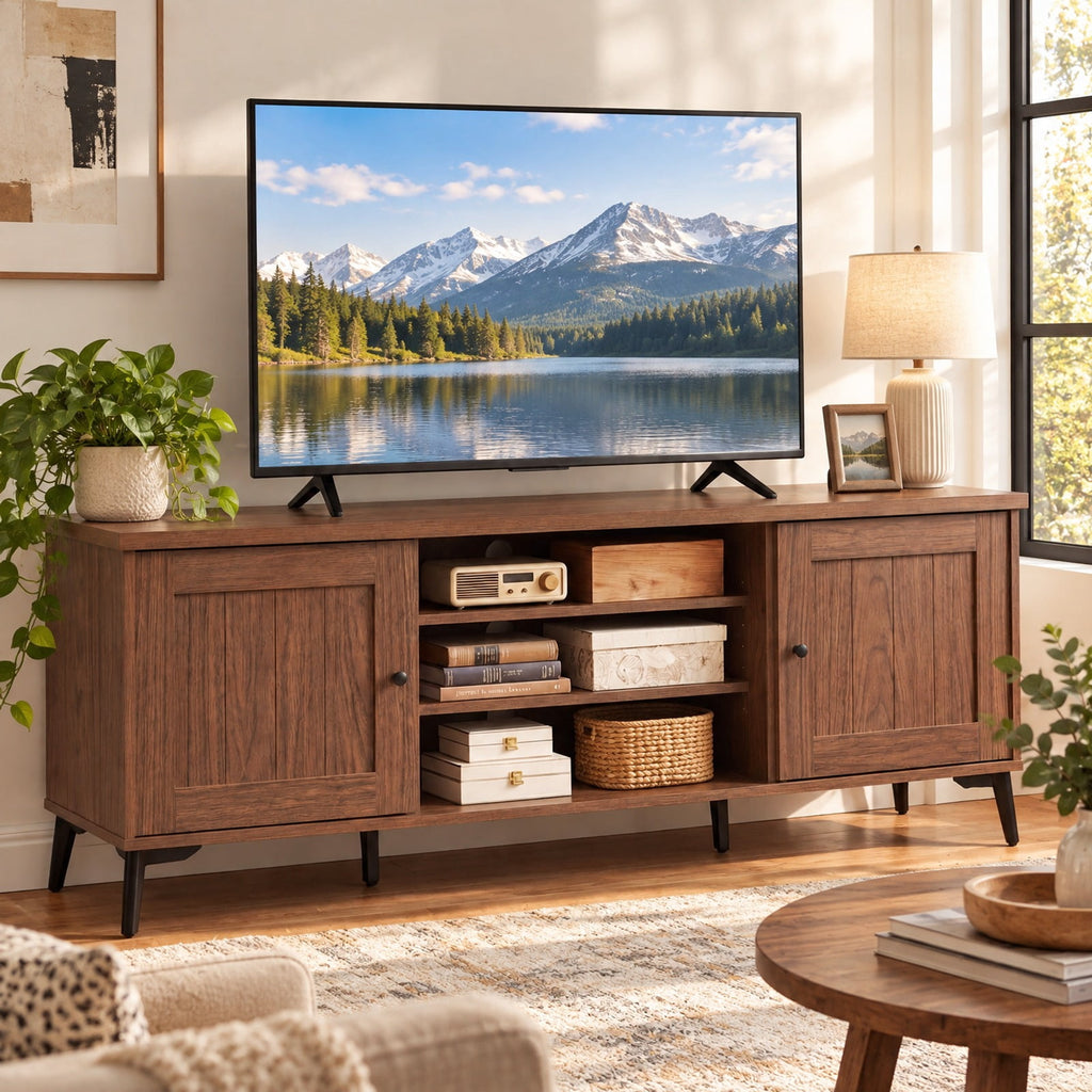 Airfind 2-Door TV Stand for TVs up to 65 Inch Mid Century Modern Entertainment Center, 176 lbs Capacity, Engineered Wood Metal Frame, Brown