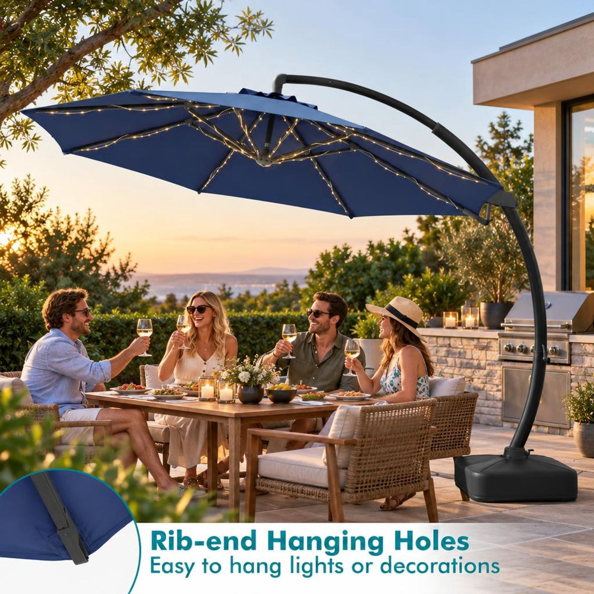 Airfind 11 FT Cantilever Patio Umbrella with Base with 360° Rotation and Tilt Adjustment, Polyester Fabric Aluminum Metal Frame, Navy