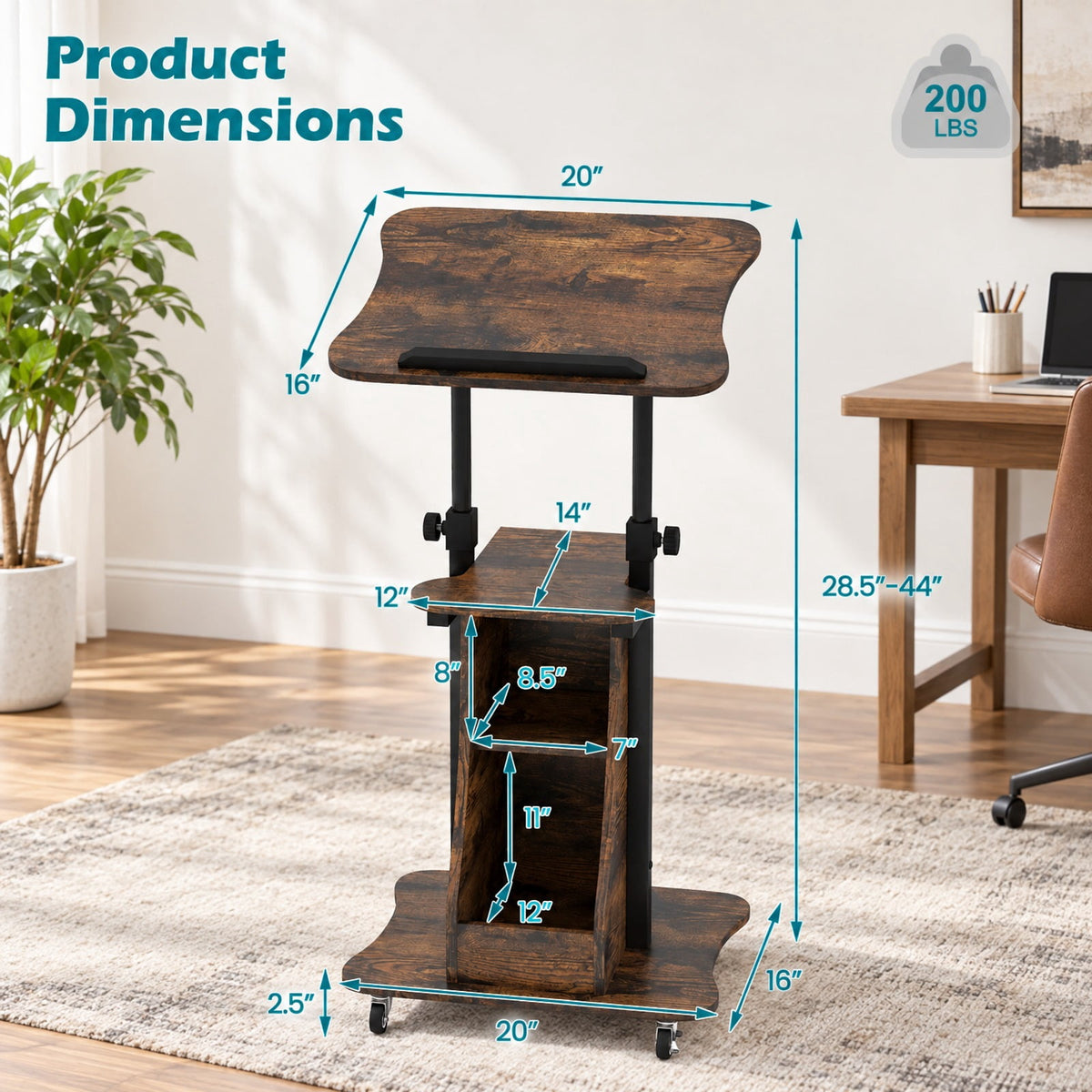 Airfind Mobile Podium Stand Height Adjustable Laptop Cart with Tilting Tabletop and Storage Compartments, 200 lbs Capacity, Brown