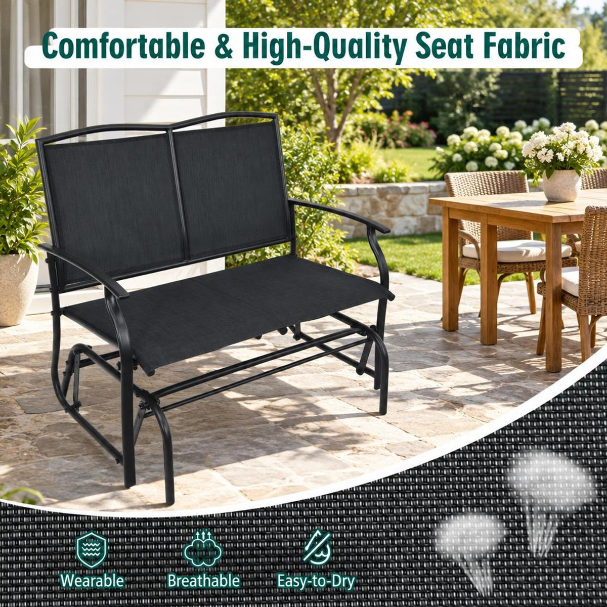 Airfind Iron Patio Rocking Chair for Outdoor Backyard and Lawn, 396 lbs Capacity, Steel and textilene Frame, 41.3 x 28.1 x 36.6 Footprint, Black