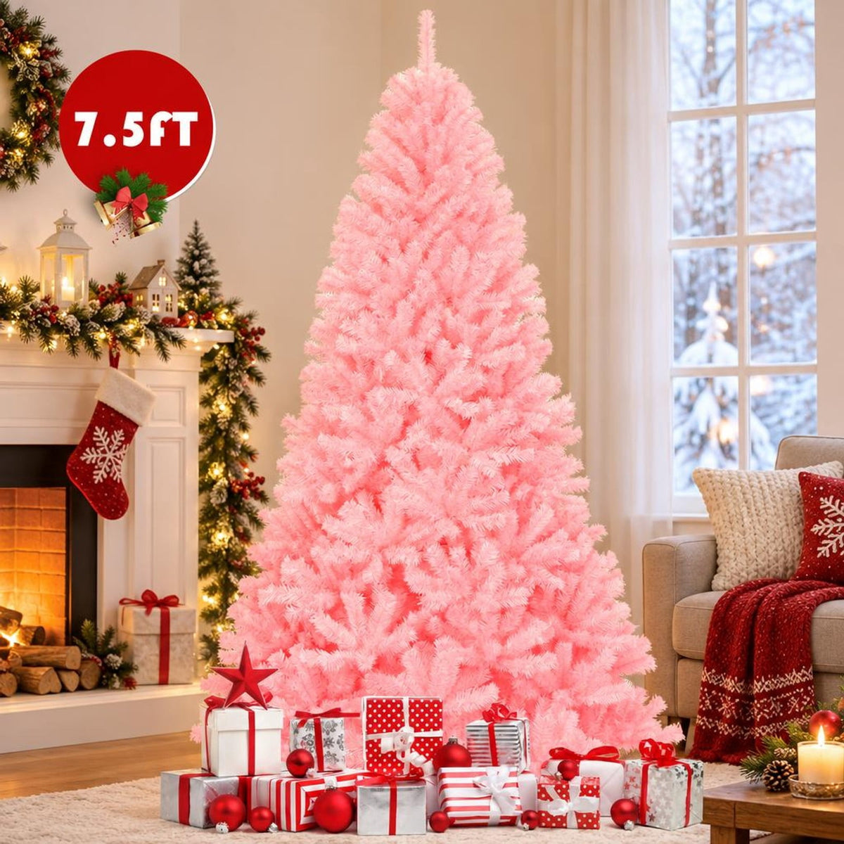 Airfind 7.5 Feet Hinged Artificial Christmas Tree Full Fir Tree, New PVC metal Length:7.5 ft Width:4.3 ft Frame, Pink