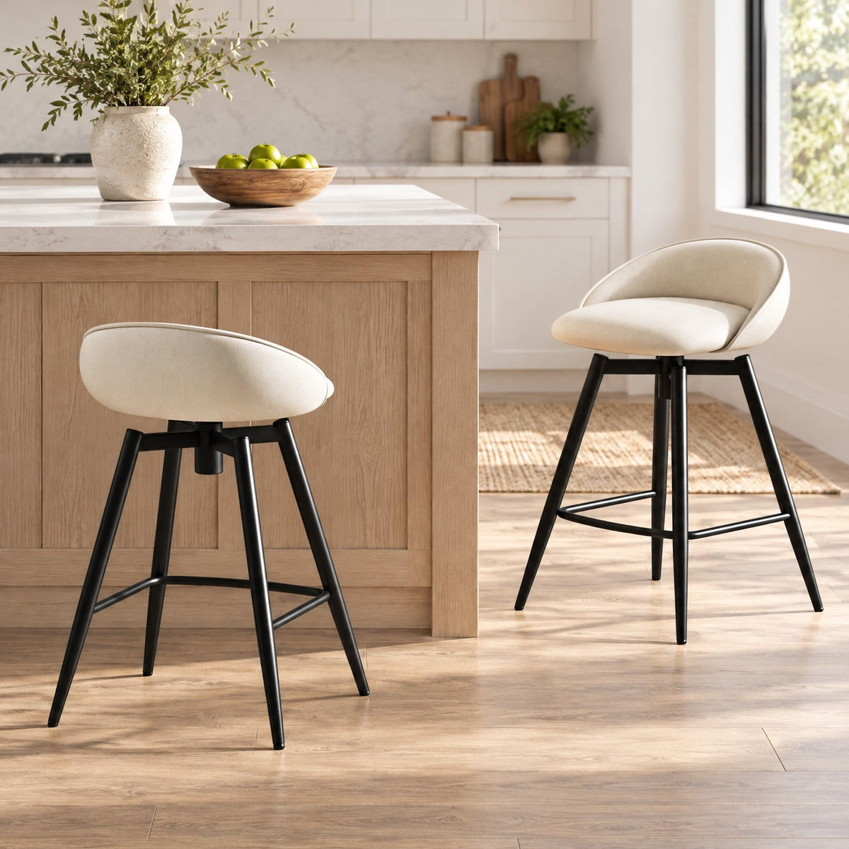Airfind Upholstered Bar Stools Set of 2 with Footrest and Backrest, 330 lbs Capacity, Metal Linen Fabric Sponge Frame, Beige