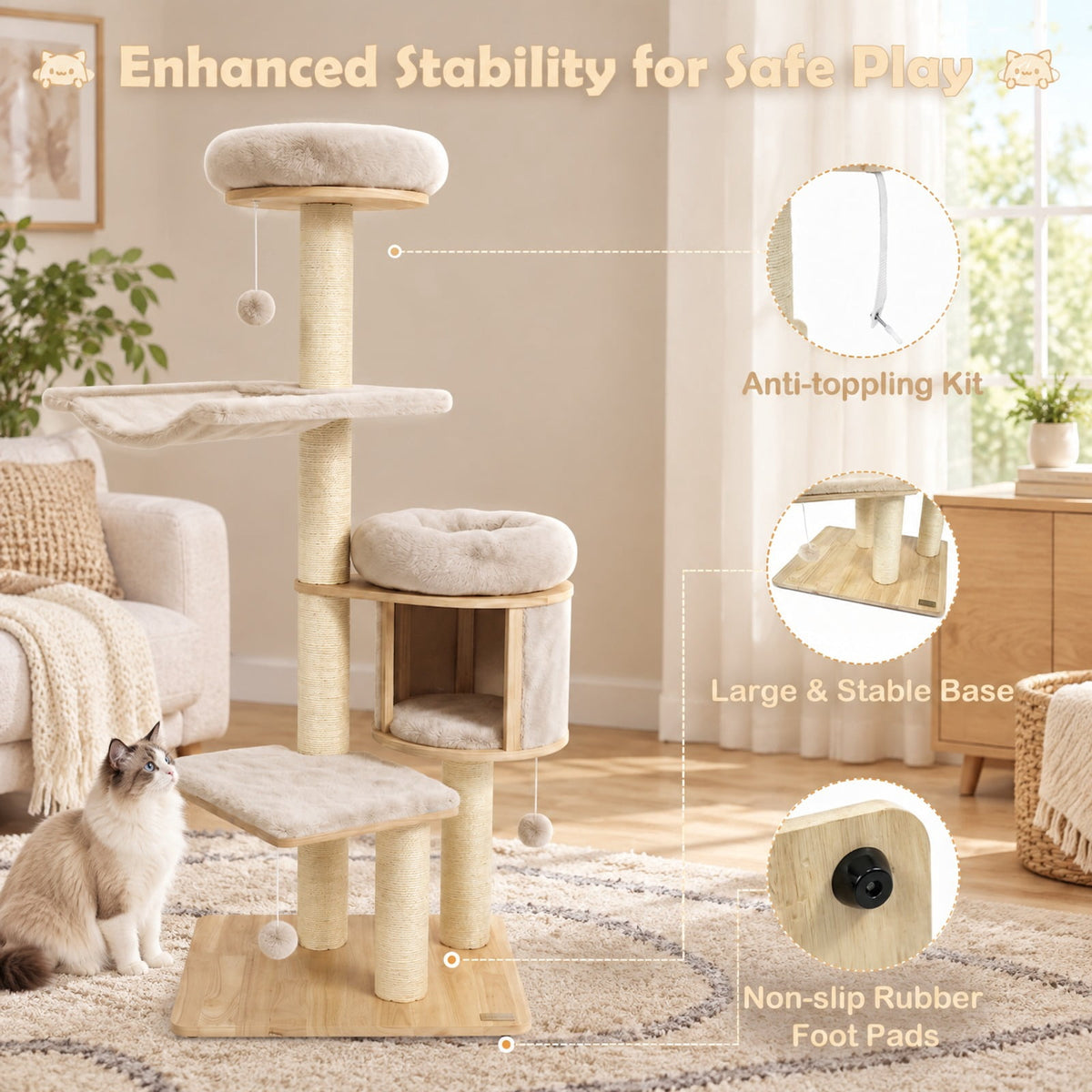 Airfind 55in Solid Rubber Wood Cat Tree with Condo and Hammock and Scratching Posts for Adult Cats, Beige
