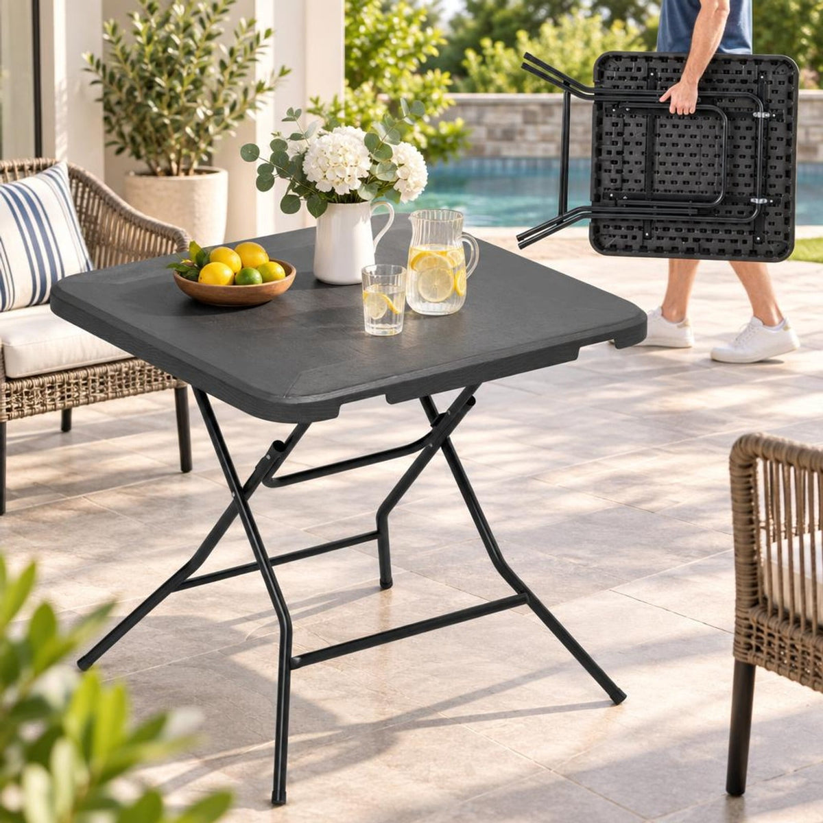 Airfind 2.6FT Foldable Dining Table with Wood Grain HDPE Tabletop and Non-slip Foot Pads, 110 lbs Capacity, HDPE Metal Frame, Black