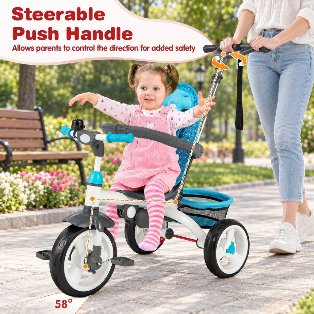 Airfind 5-in-1 Detachable Baby Stroller Tricycle with Round Canopy, Blue, a detachable cushion that is also washable