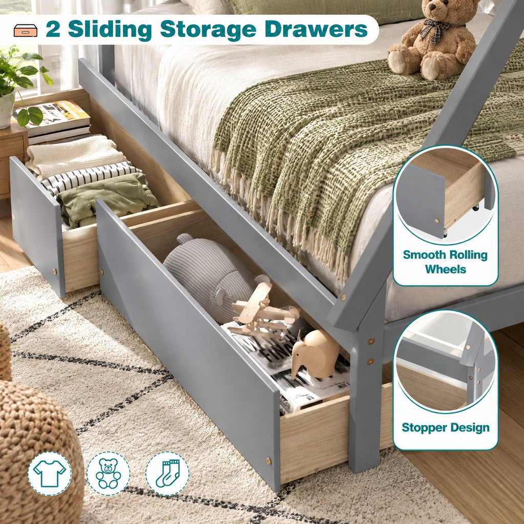 Airfind Twin Size Wooden Tent Platform House Bed with 2 Drawers, 200 lbs Capacity, Solid Wood Plywood Frame, 78 Inch x 46.5 Inch x 59 Inch Footprint, Gray