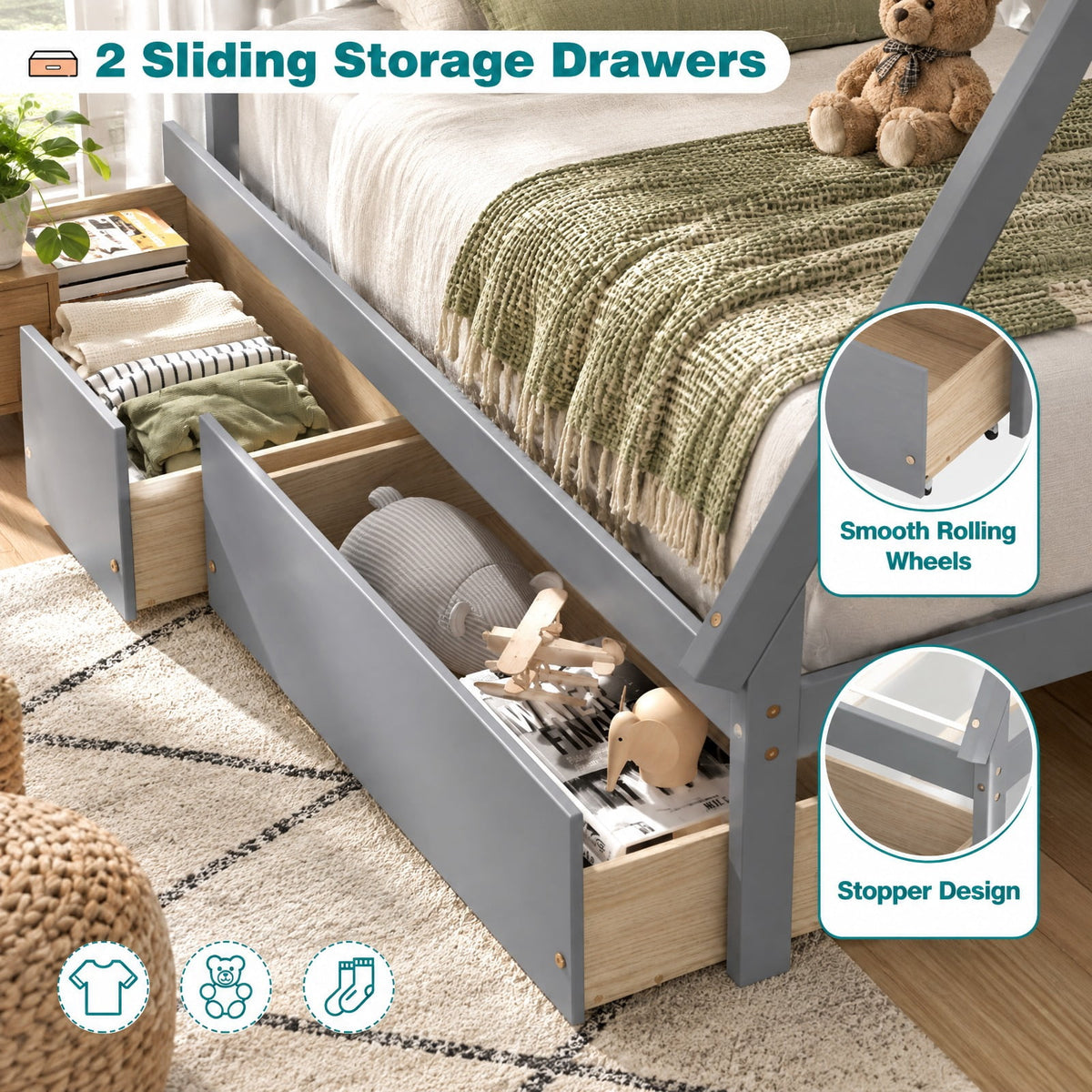 Airfind Twin Size Wooden Tent Platform House Bed with 2 Drawers, 200 lbs Capacity, Solid Wood Plywood Frame, 78 Inch x 46.5 Inch x 59 Inch Footprint, Gray