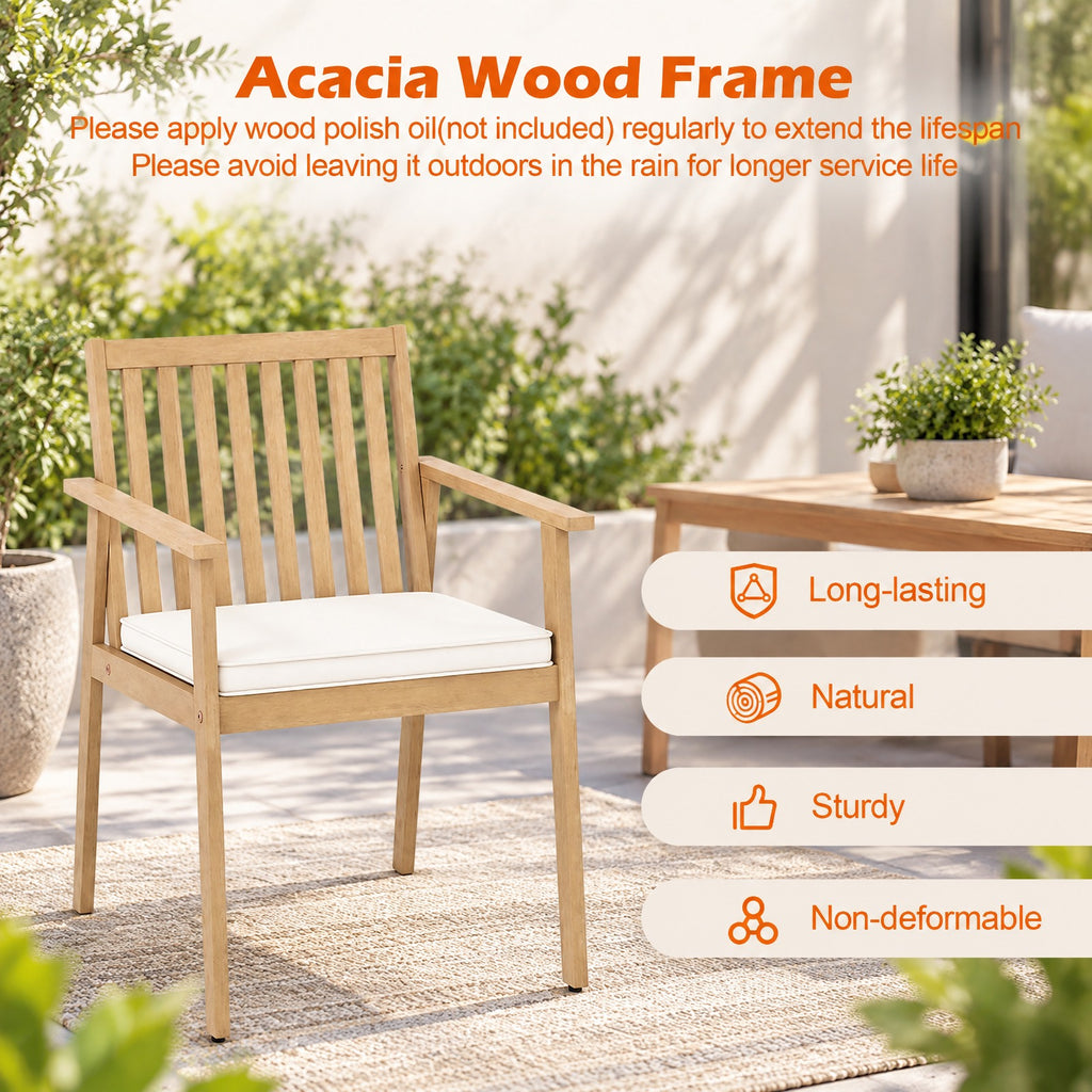 Airfind 2 Pieces Patio Dining Chairs Outdoor Acacia Wood Chairs with Removable Padded Cushion, Acacia Wood Sponge Non-woven Fabric Frame, Wood