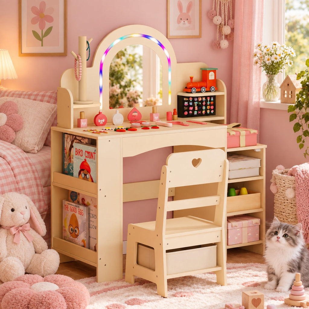 Airfind Kids Vanity Set with Colorful LED Lights Princess Makeup Dressing Table with Chair, 110 lbs Capacity, MDF Frame, 34in x 15.5in x 41in Footprint