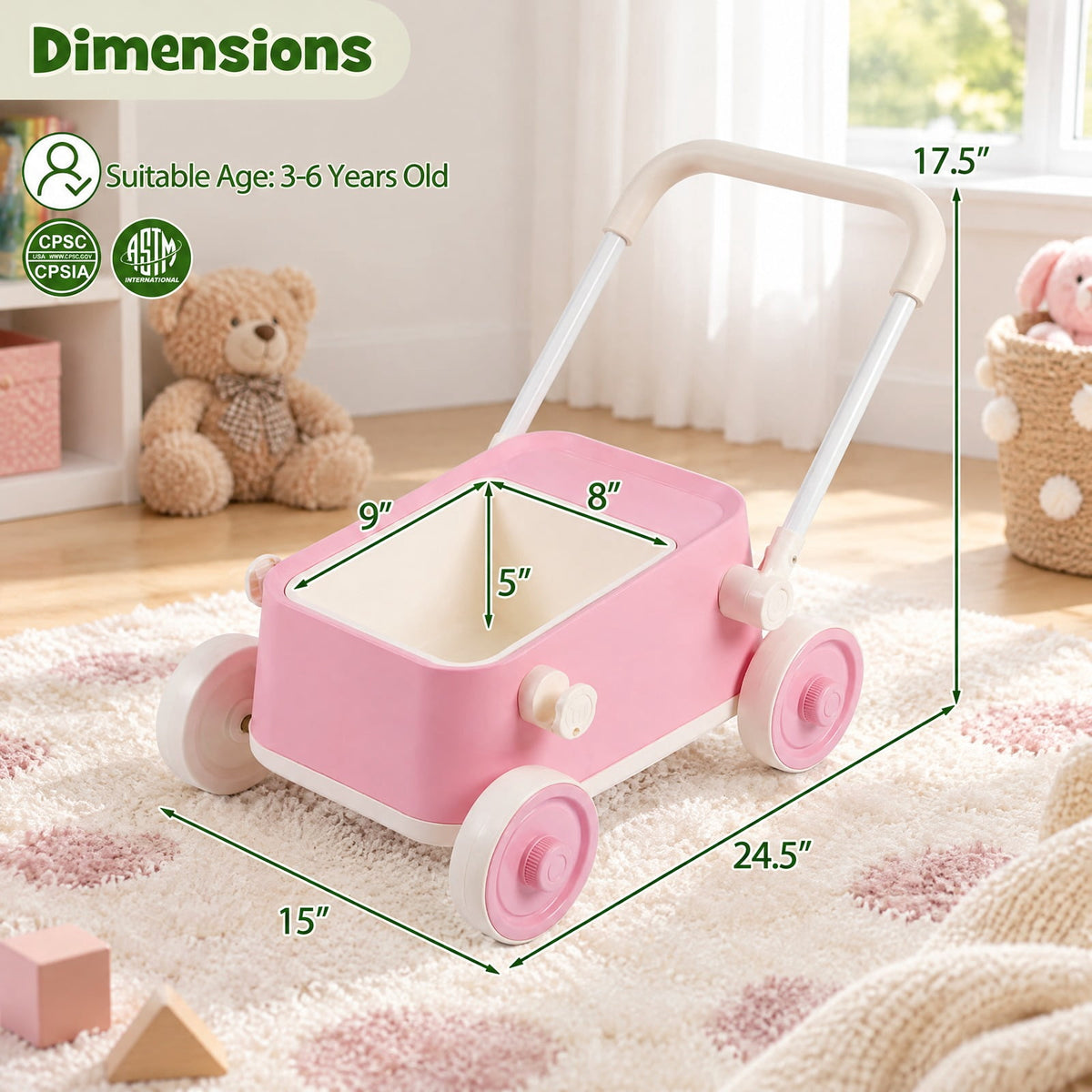 Airfind Child Push Walker with Wheels and Foldable Handlebar and Storage Basket, Pp, Model TQ10527PI with PP Metal Construction, Unspecified