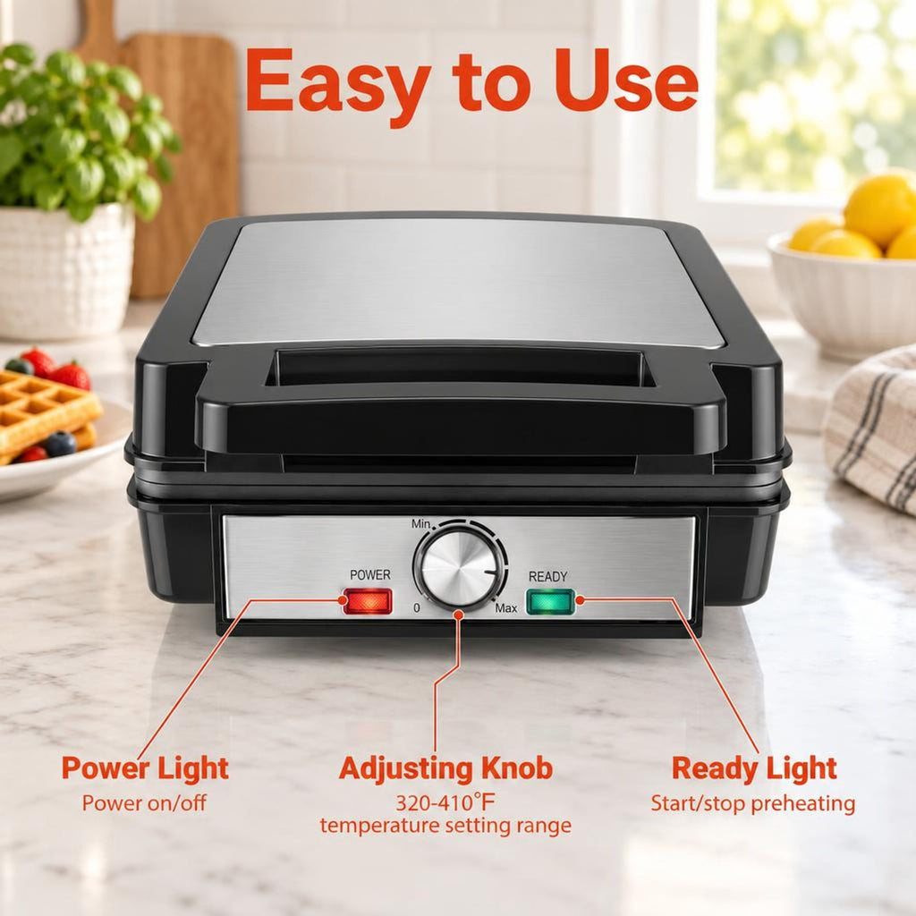 Airfind Belgian Waffle Maker 4-Slice 1200W with Browning Knob and Nonstick Plates-Black and Silver, Aluminum Frame, 12.5in x 9.5in x 4.5in Footprint