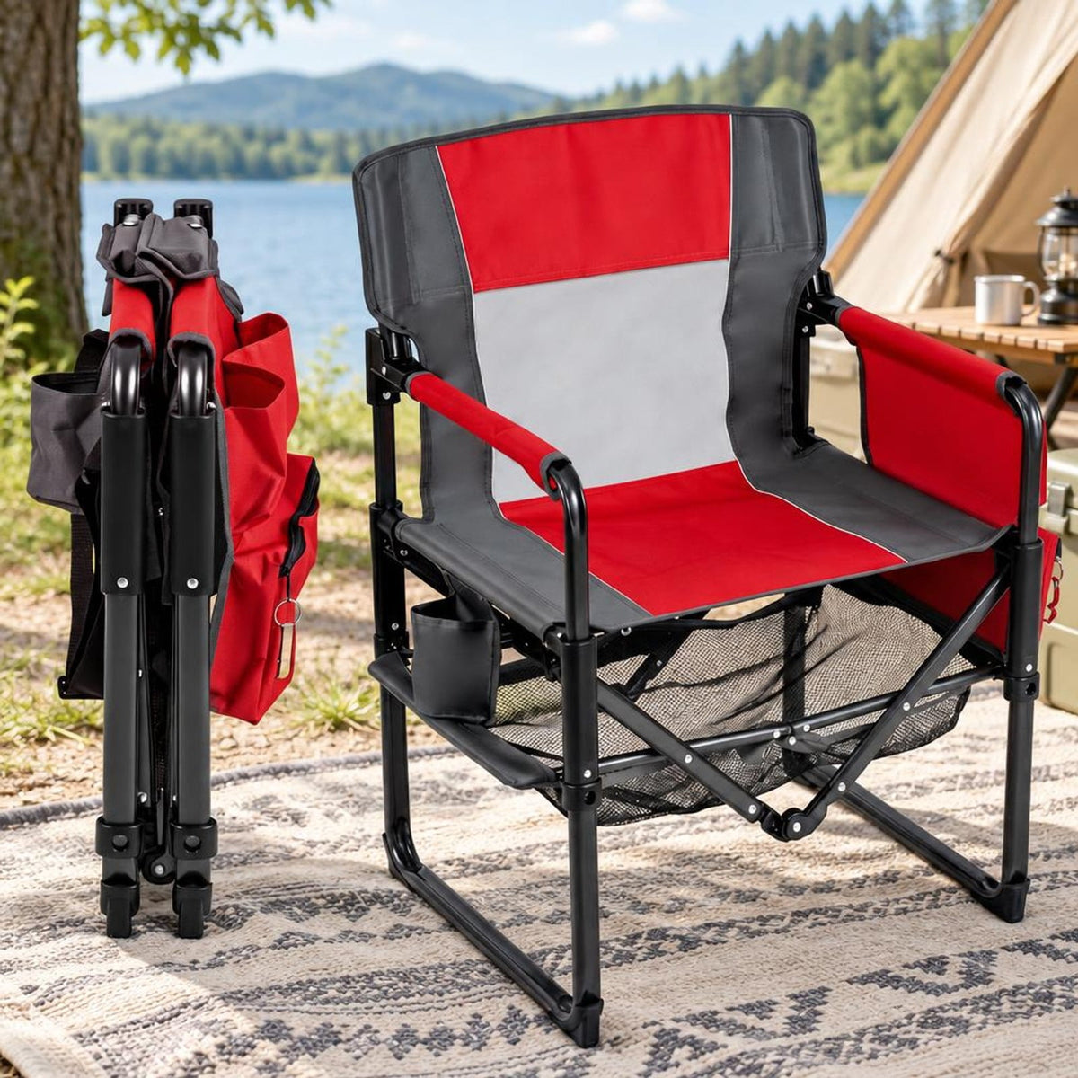 Airfind Heavy Duty Outdoor Camping Chair with Cup Holder and Side Pocket, 330 lbs Capacity, Metal Nylon Mesh PVC Fabric PP Frame, Red
