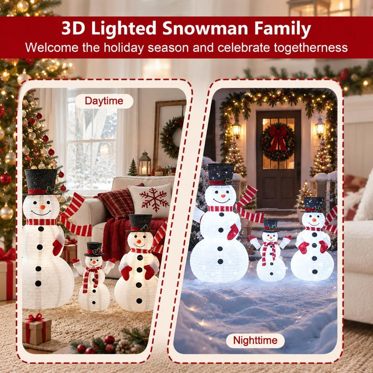 AIRFIND Pre Lit Snowman Decorations Set of 3, 3D Outdoor Christmas Display with Metal Frames and 270 LED Lights, Multi Color