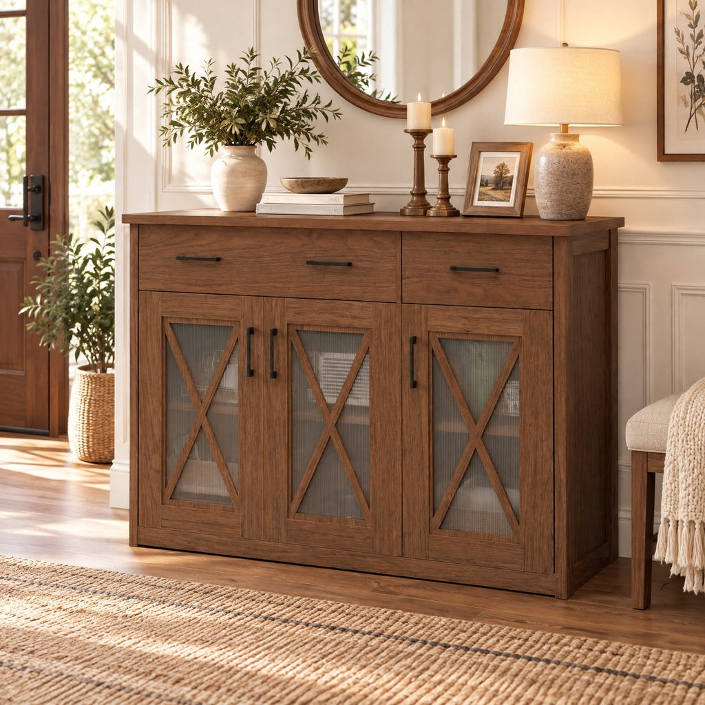 Airfind Farmhouse Buffet Sideboard 3-Door Kitchen Storage Cabinet featuring 2 Drawers, Top 132 lbs Total Capacity, Engineered Wood PC Frame, Brown