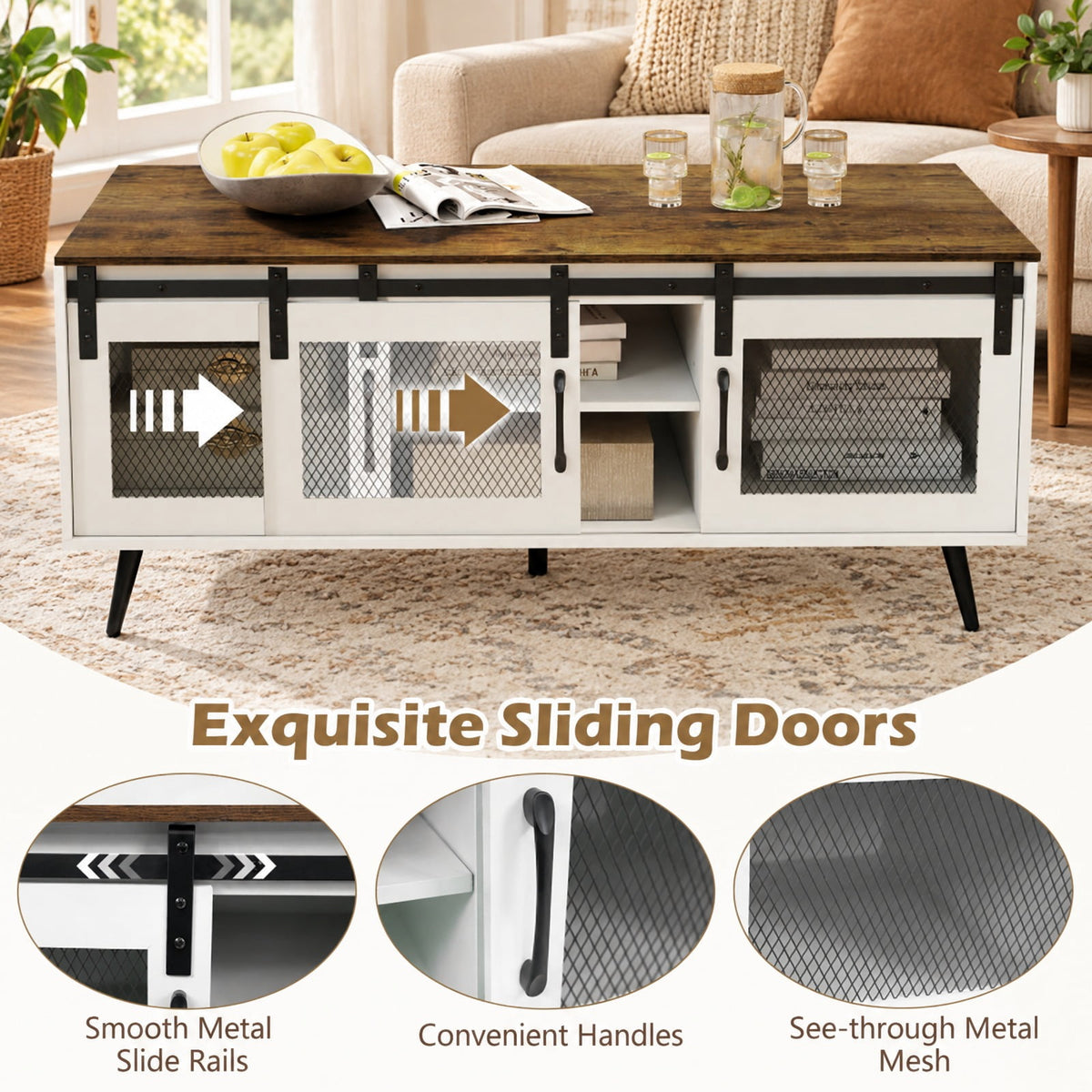 Airfind Farmhouse Coffee Table with Sliding Doors Rectangular with Adjustable Shelf, 100 Lbs Capacity, Engineered Wood Metal, Coffee