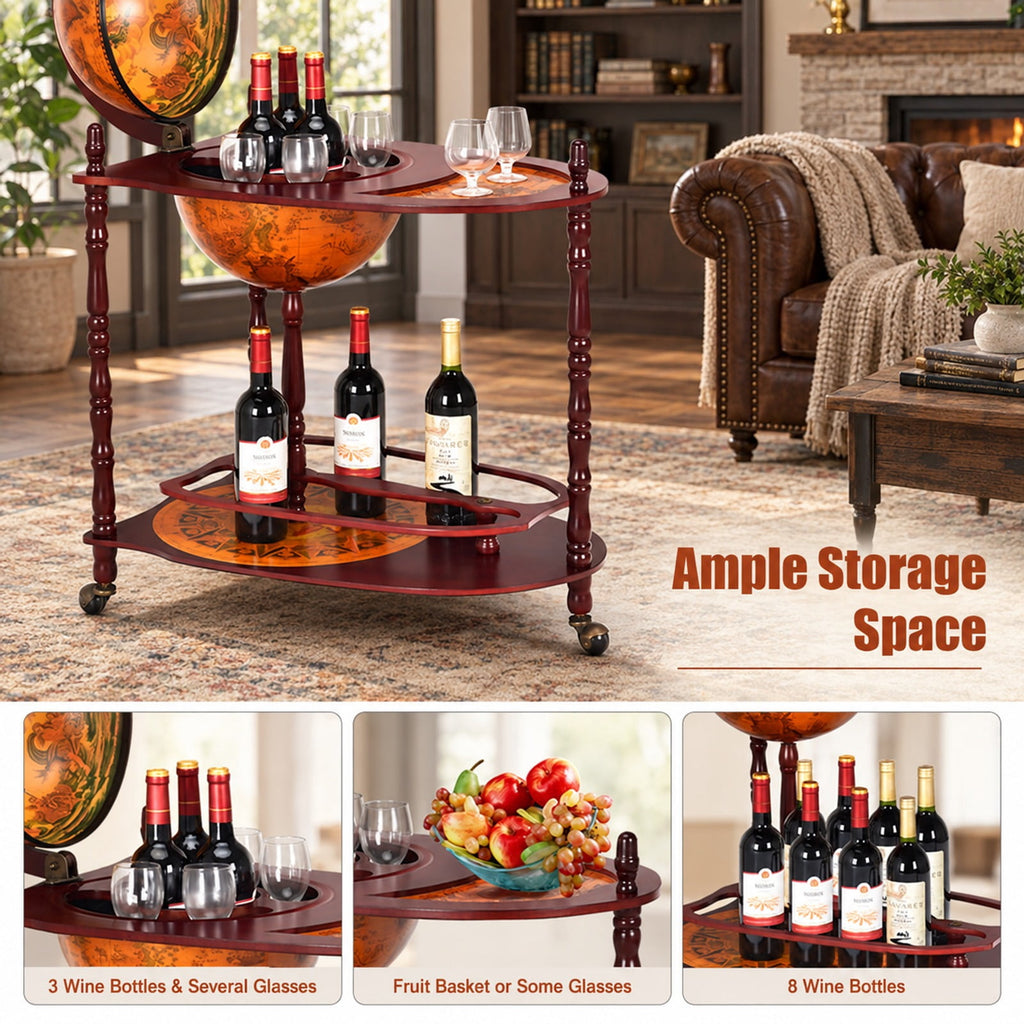 Airfind Vintage Globe Rolling Wine Bar Cart with Extra Shelf, Wood， plastic globe Assembly Frame, Brand new and high quality