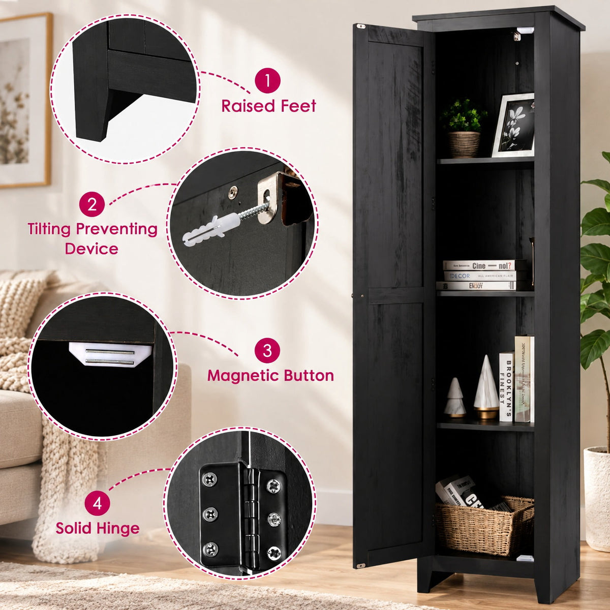 Airfind Linen Tower Bathroom Storage Cabinet Tall Slim Side Organizer with Shelf, 11 lbs Capacity, MDF particleboard Frame, Black