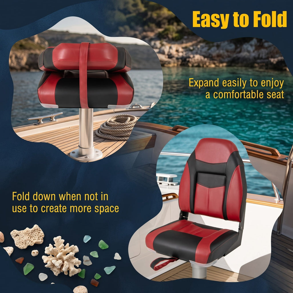 Airfind High Back Folding Boat Seat with Padded Sponge Cushion and Aluminum Hinges for Fishing and Pontoon Boats, Red and Black