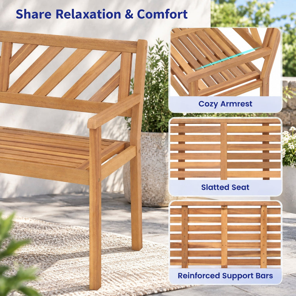 Airfind 2-Person Patio Acacia Wood Garden Chair with Armrests and Backrest for Porch, 800 lbs Capacity, Acacia Wood Frame, Teak