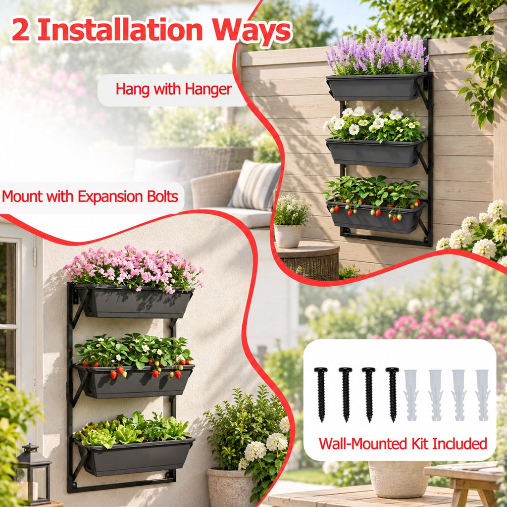 Airfind Deck Railing Planter Boxes with Adjustable Brackets and 3-Tier Design for Porch Patio, Black, Side holes make it easy to add and drain water