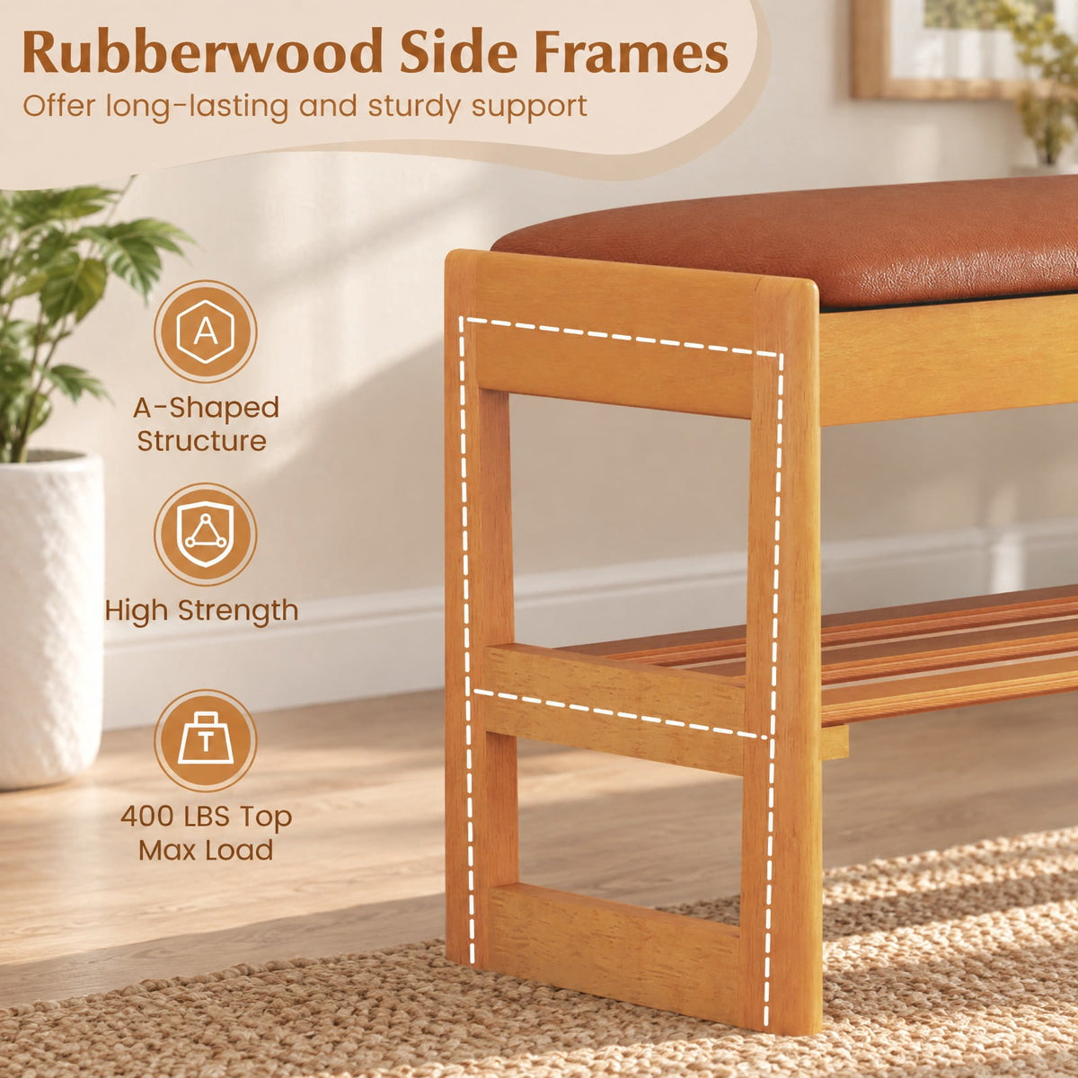 Airfind Shoe Rack Bench with Storage 2-Tier Rubberwood Entryway Bench with Flip-Open Storage, 400 lbs Capacity, 40in x 13.5in x 17in Footprint, Brown