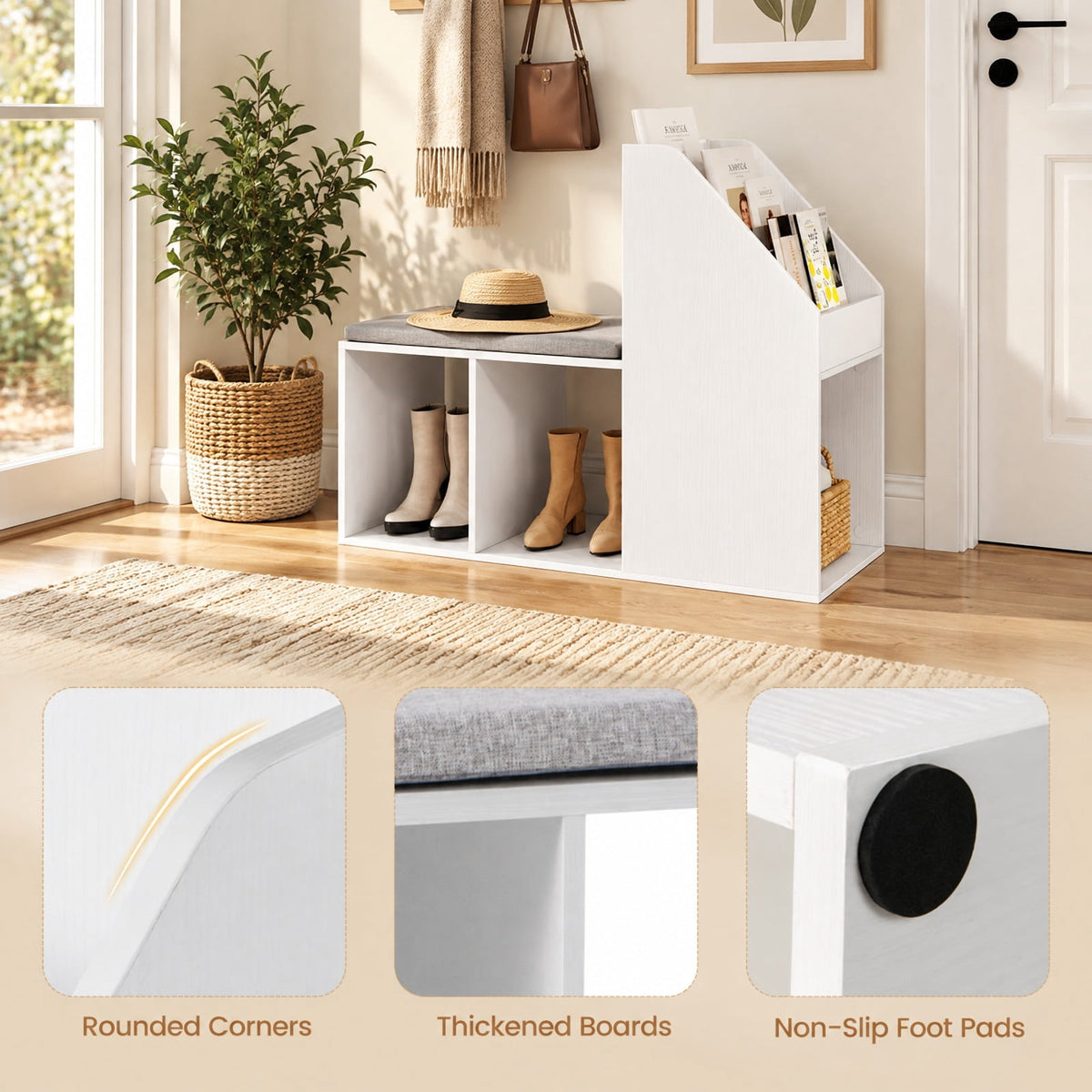 Airfind Shoe Storage Bench with Removable Seat Cushion and 6 Storage Compartments, 200 lbs Capacity, 38in x 15.5in x 31in Footprint, White