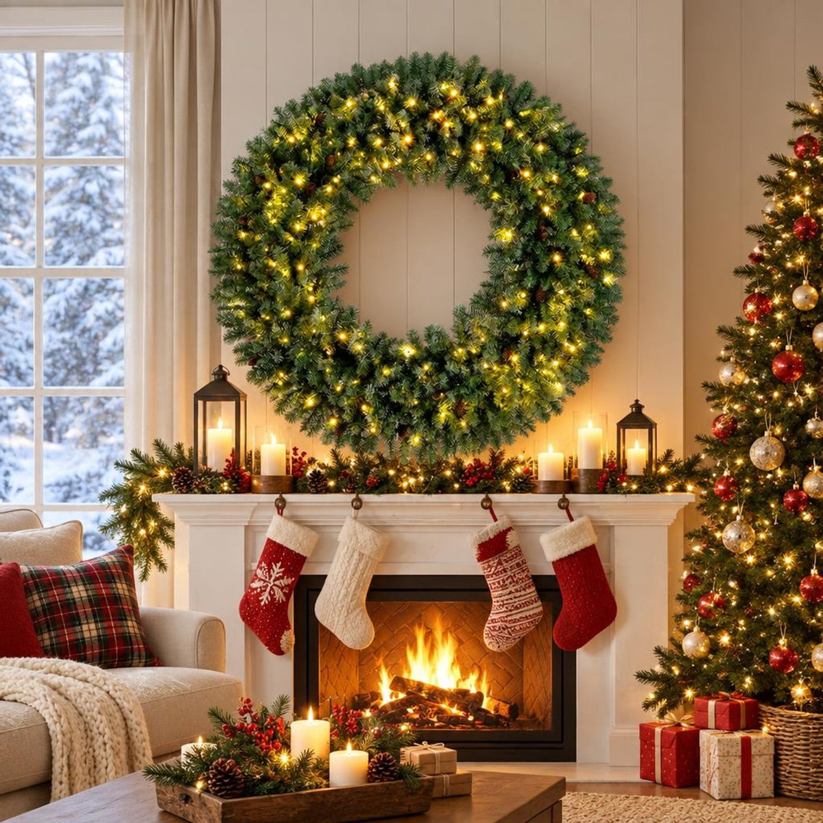 Airfind 60 Inch Pre-Lit Artificial Christmas Wreath 200 LED Warm White Lights-1 Piece, PVC Metal Frame, 60 x 60 Footprint, White