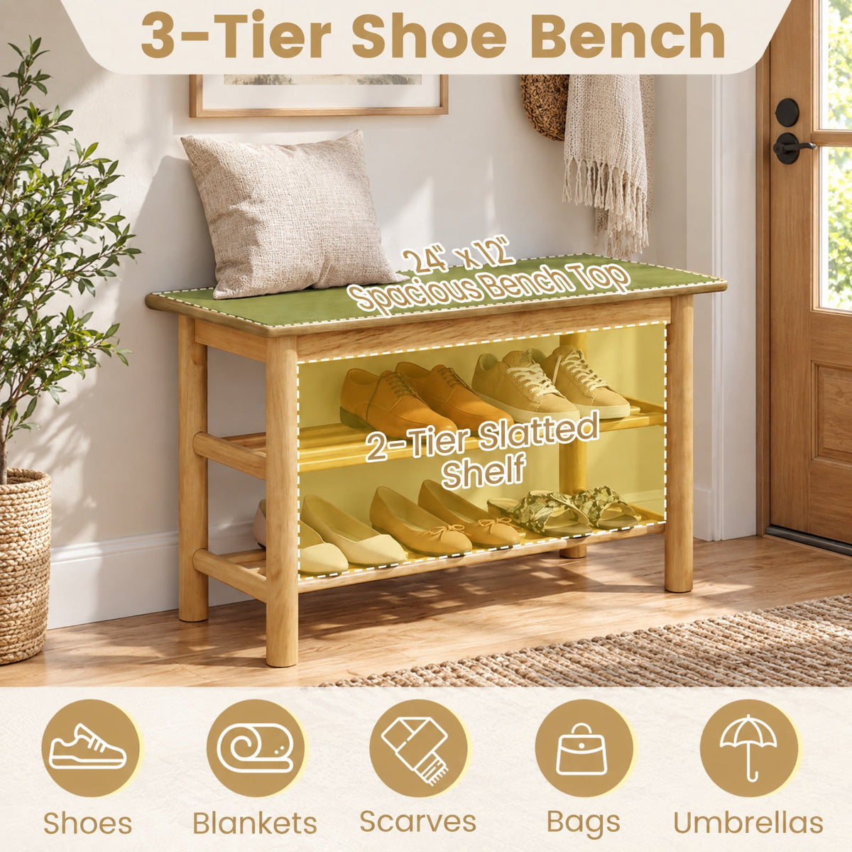 Airfind Shoe Rack Bench 3-Tier Rubberwood Shoe Changing Bench, 485 lbs Capacity, Rubberwood MDF Frame, 24 Inch x 12 Inch x 17 Inch Footprint, Natural
