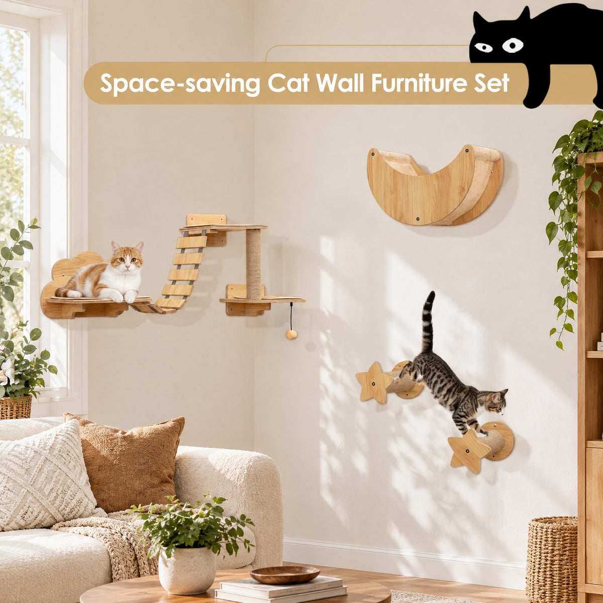 Airfind Cat Wall Furniture Set Kitten Wall Mounted Shelves with Hammock, 22 lbs Capacity, Natural, Size of the Hammock 13 Inch x 12.5 Inch x 19 Inch