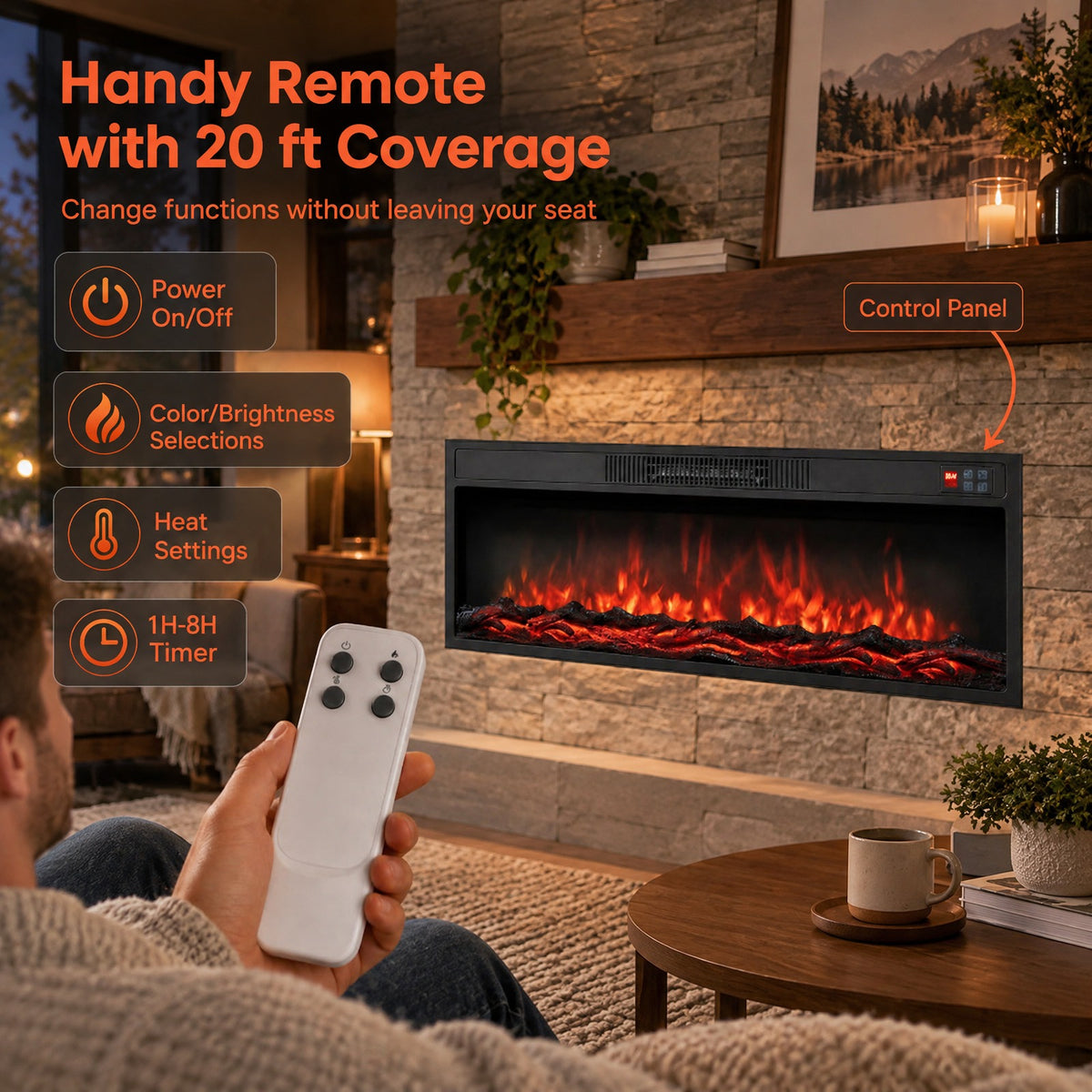 Airfind 36 Inch Recessed Electric Fireplace Heater with Adjustable Flame Colors and Brightness, Metal Tempered Glass 36 inch Frame, Black