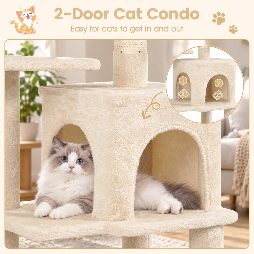Airfind Multi-Level Cat Tower with 2-Door Condo and Padded Top Perch, PP Cotton Fabric Sisal Engineered Wood Overall Height 44 Base Frame, Beige