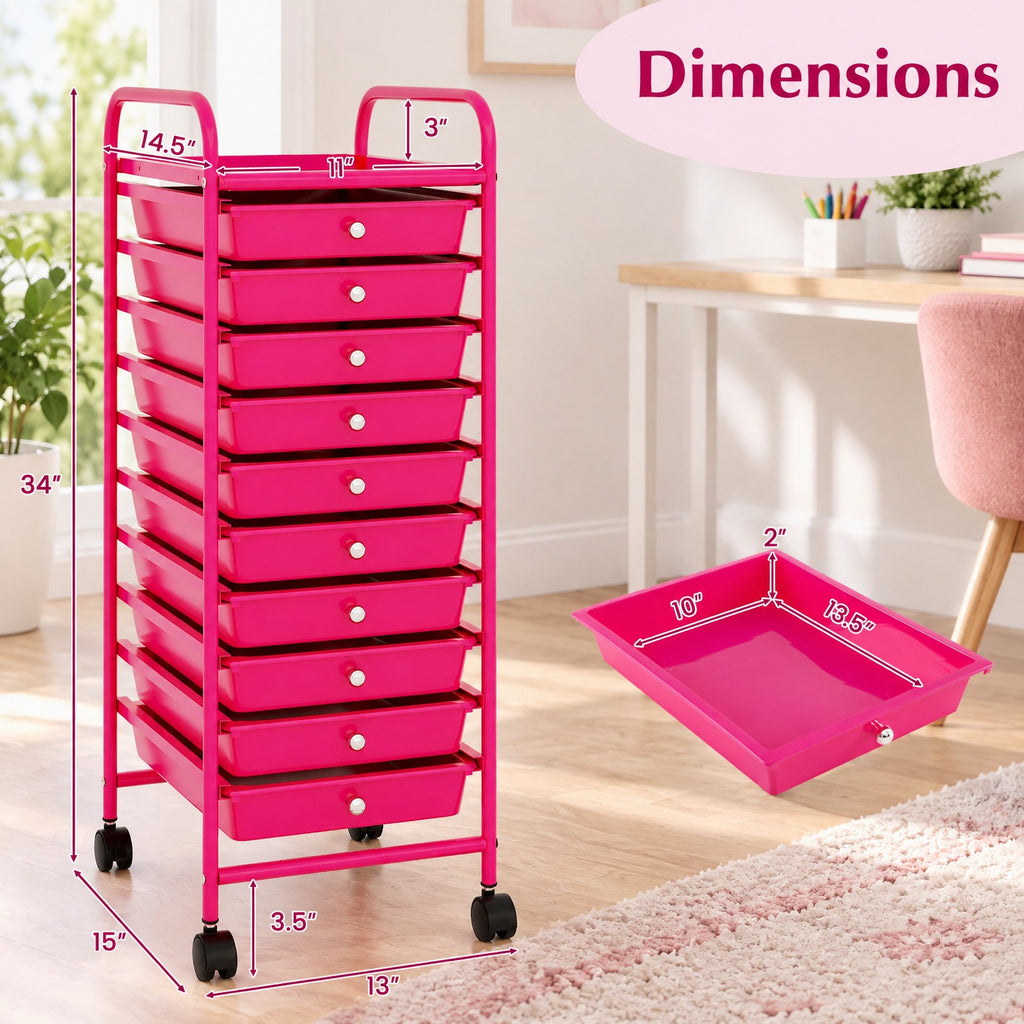 Airfind 10 Drawer Rolling Storage Cart Organizer with 4 Universal Casters, 3 lbs Capacity, Steel Plastic Frame, Pink