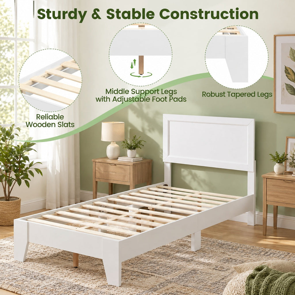 Airfind Twin Size Bed Frame with Headboard for Small Room No Box Spring Needed, 500 lbs Capacity, Engineered Wood Frame, White