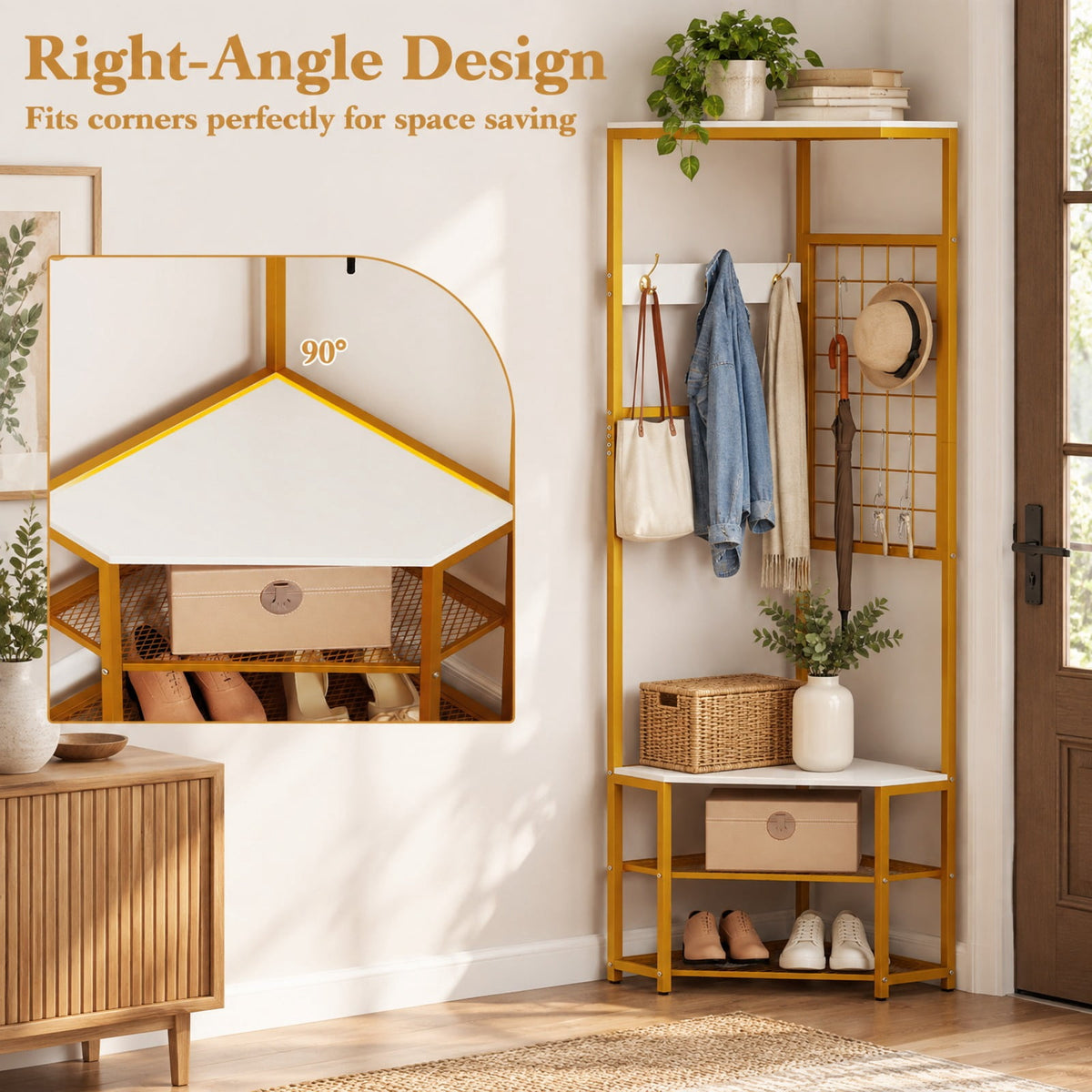Airfind Corner Hall Tree Freestanding Coat Rack with Storage Shelves Removable Hooks, 220 lbs Capacity, Engineered Wood Metal Frame, White